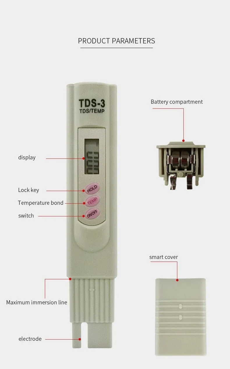 2-in-1 PPM Water TDS Meter Tester Drinking Water Quality Analyzer Monitor Filter Rapid Test Aquarium Hydroponics Pools PPM TDS-3