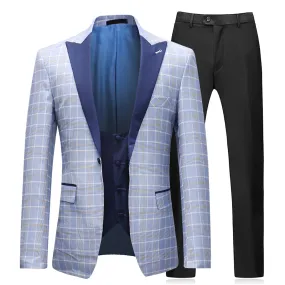 3-Piece Slim Fit Plaid Suit Light Blue