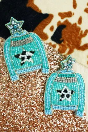 Beaded blue sweater earrings