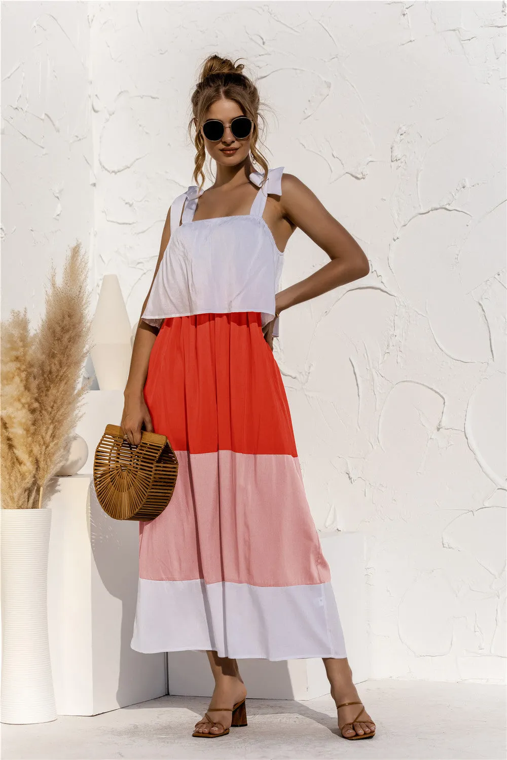 Color Block Adjustable Straps Ruffle Dress