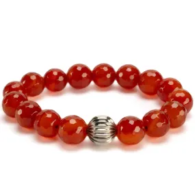 Faceted Carnelian 12mm Gemstone Elastic Bracelet with Silver Accent Bead