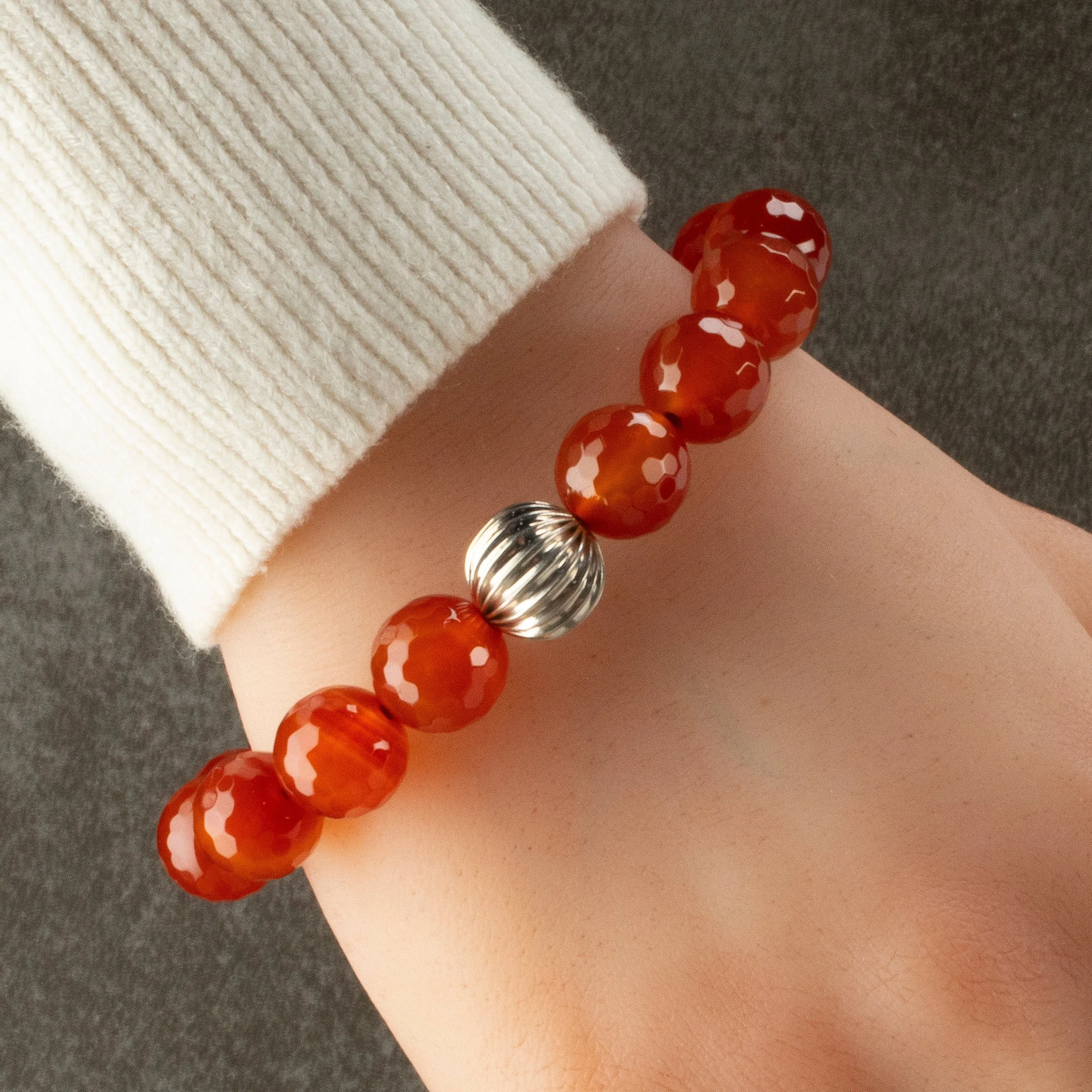 Faceted Carnelian 12mm Gemstone Elastic Bracelet with Silver Accent Bead