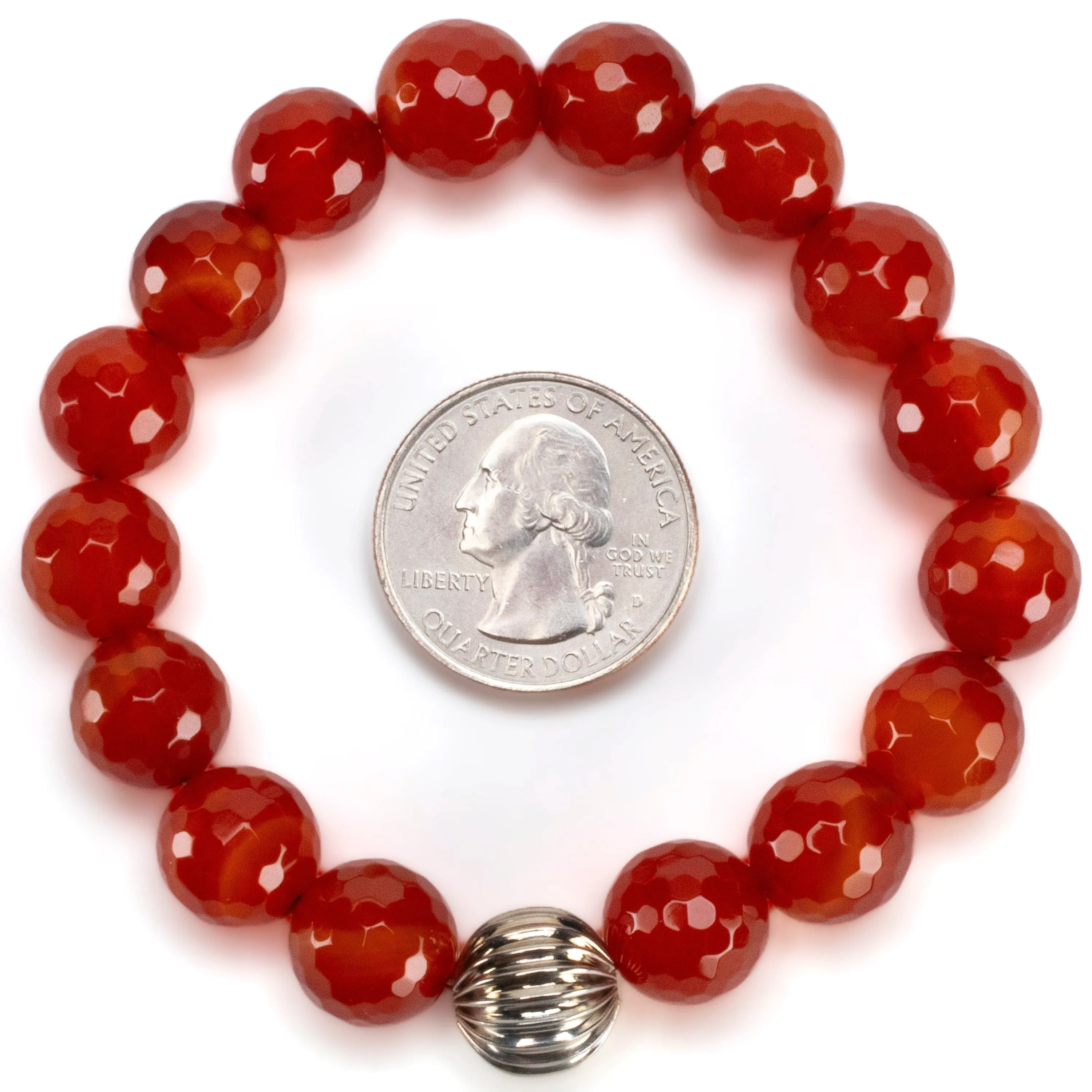 Faceted Carnelian 12mm Gemstone Elastic Bracelet with Silver Accent Bead