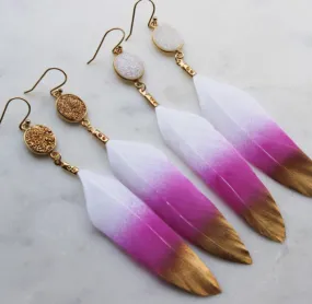 Gold Dipped Pink Druzy Feather Earrings