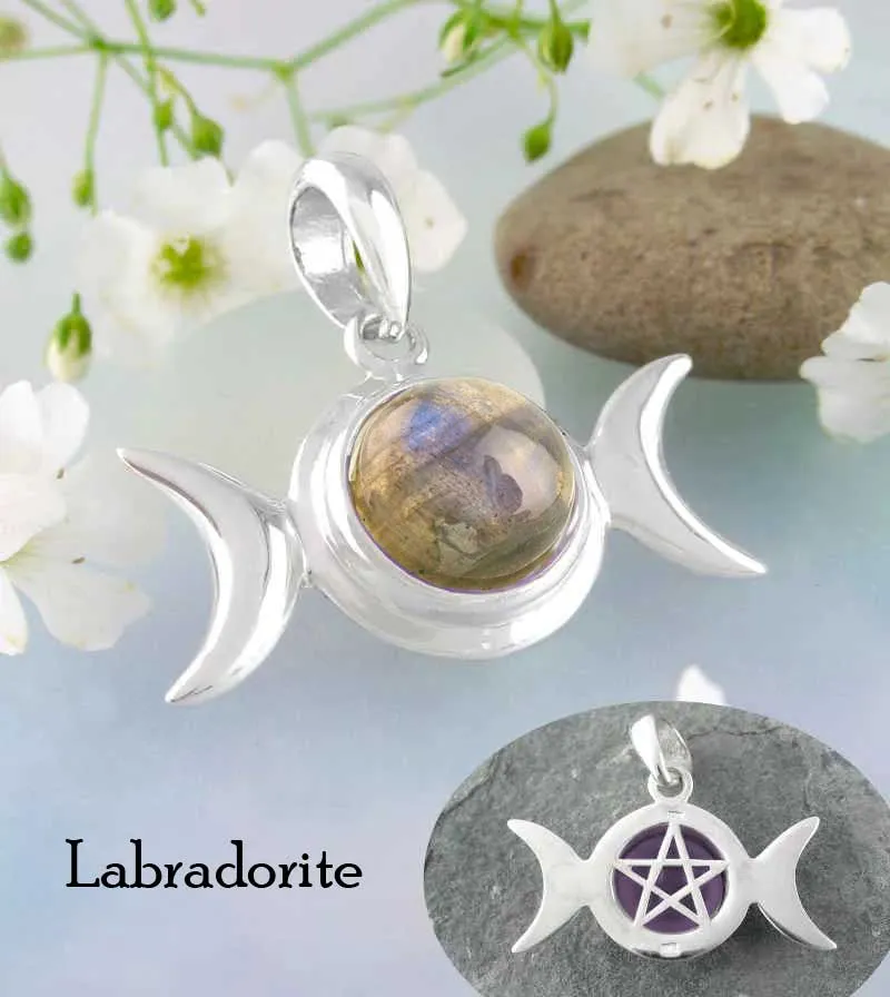 Hidden Pentacle Triple Moon Pendant With Gemstone Cabochon