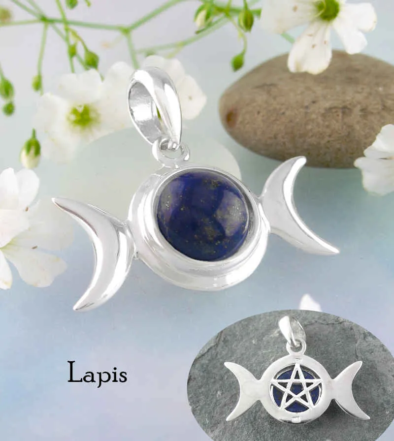 Hidden Pentacle Triple Moon Pendant With Gemstone Cabochon