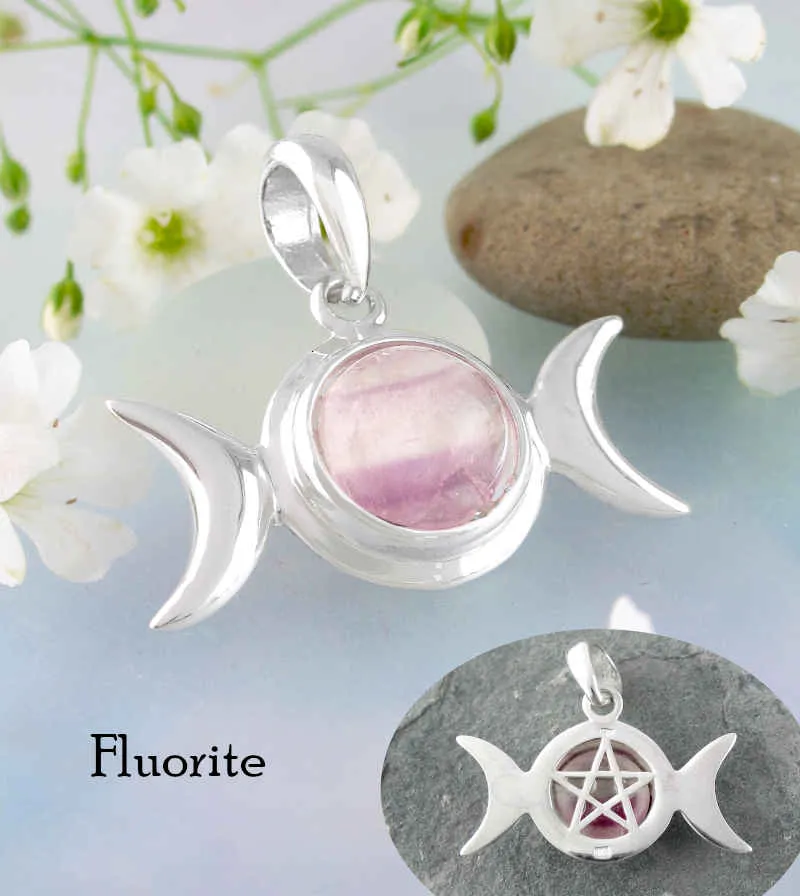 Hidden Pentacle Triple Moon Pendant With Gemstone Cabochon