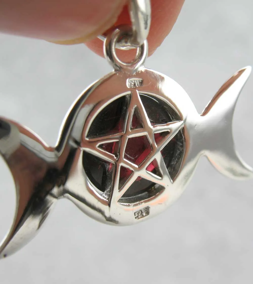 Hidden Pentacle Triple Moon Pendant With Gemstone Cabochon