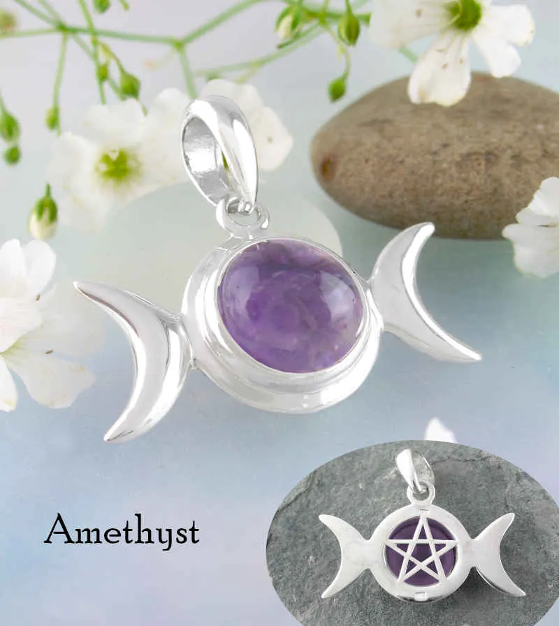 Hidden Pentacle Triple Moon Pendant With Gemstone Cabochon