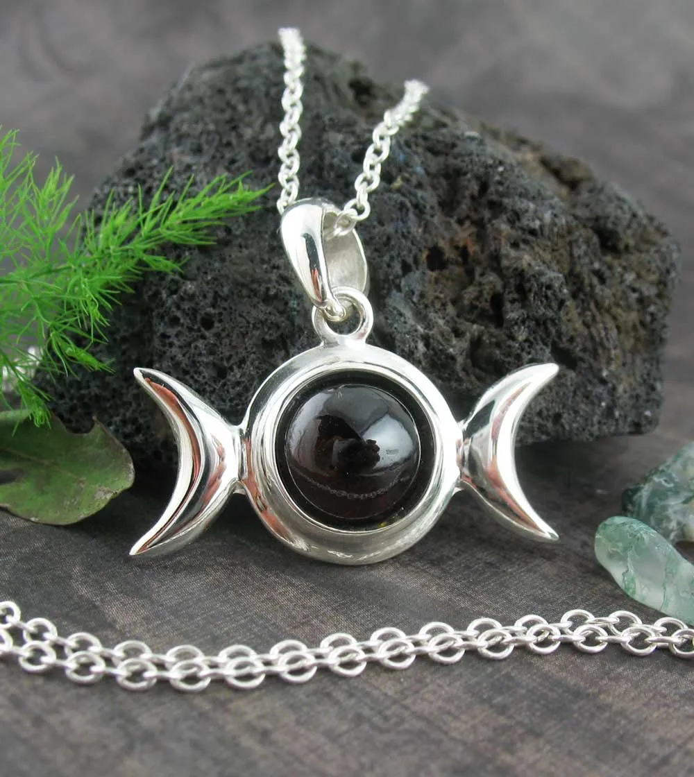 Hidden Pentacle Triple Moon Pendant With Gemstone Cabochon