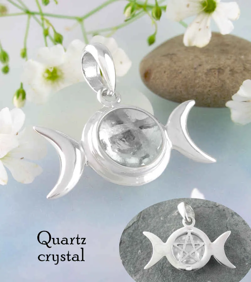 Hidden Pentacle Triple Moon Pendant With Gemstone Cabochon