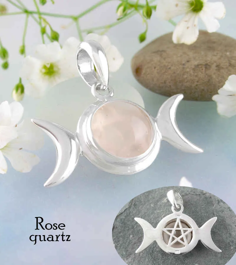 Hidden Pentacle Triple Moon Pendant With Gemstone Cabochon