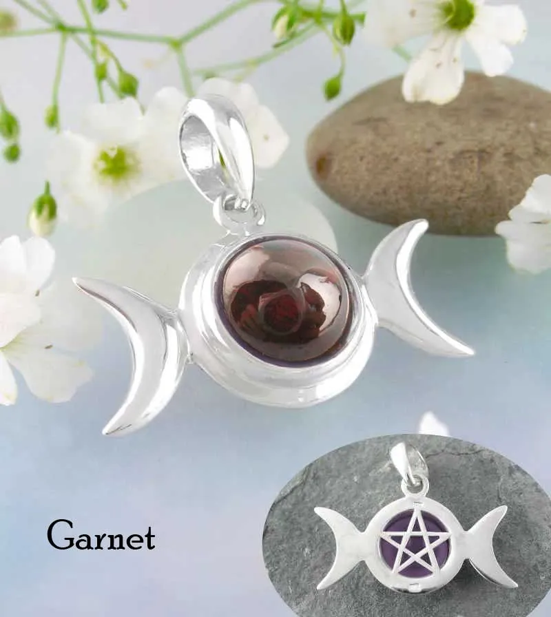 Hidden Pentacle Triple Moon Pendant With Gemstone Cabochon