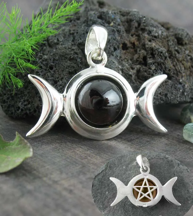 Hidden Pentacle Triple Moon Pendant With Gemstone Cabochon