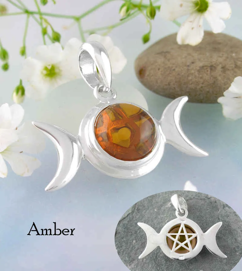 Hidden Pentacle Triple Moon Pendant With Gemstone Cabochon