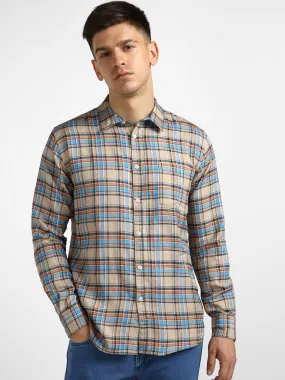 Men's Beige Cotton Full Sleeve Slim Fit Casual Checkered Shirt