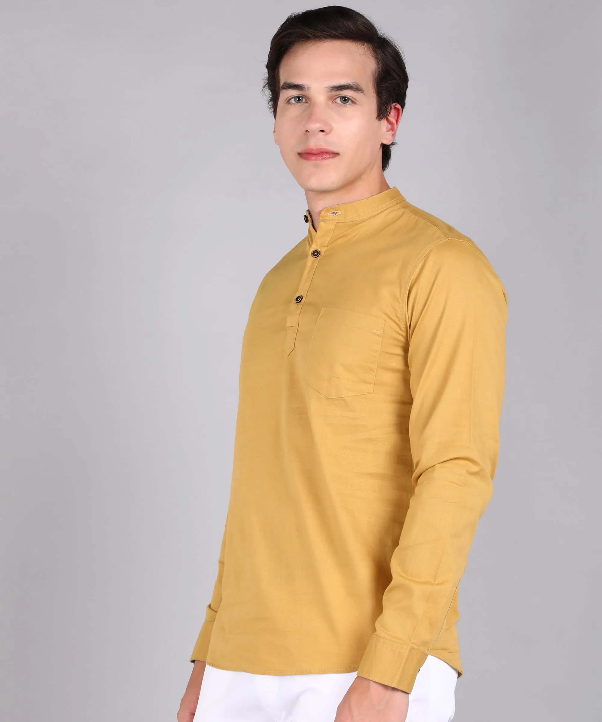 Men's Beige Cotton Full Sleeve Slim Fit Solid Shirt with Mandarin Collar