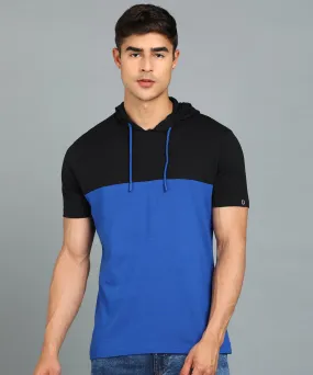 Men's Black, Royal Blue Cotton Slim Fit Half Sleeve Hooded T-Shirt