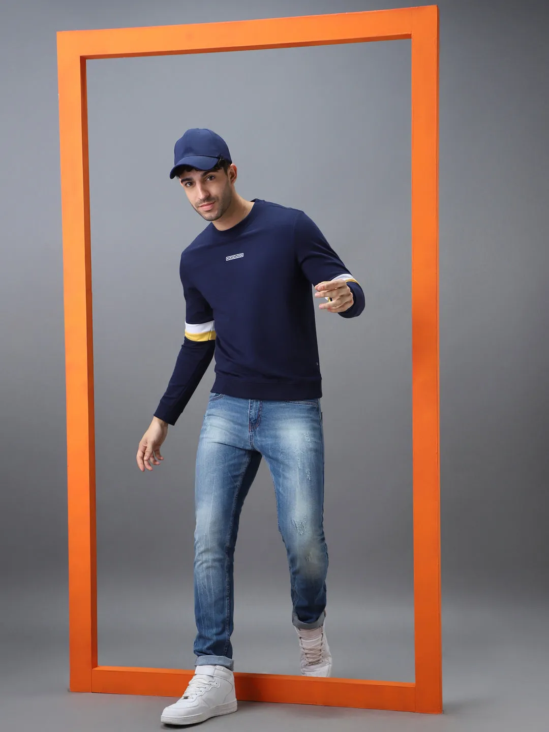 Men's Blue Cotton Color Block Round Neck Sweatshirt