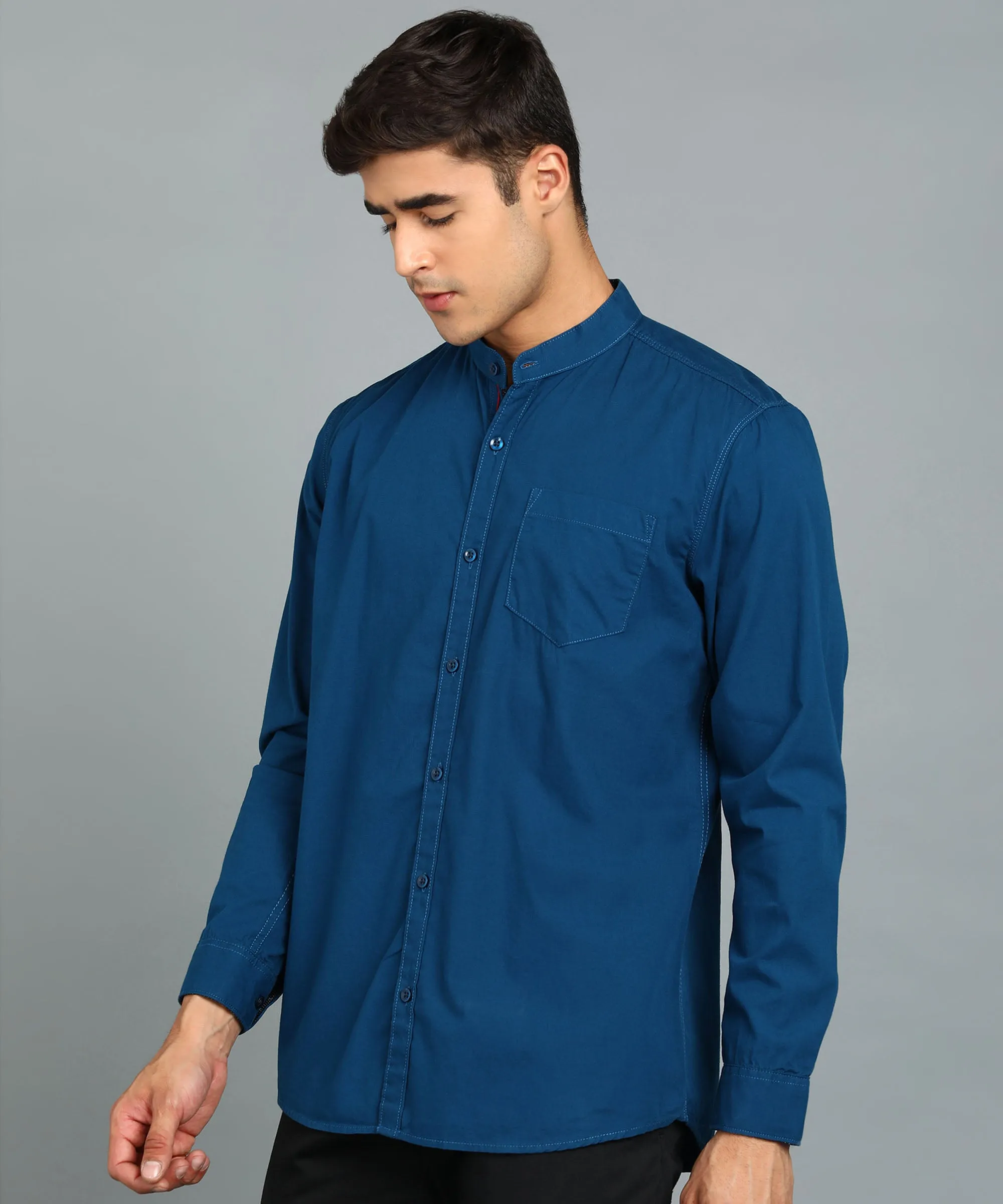 Men's Blue Cotton Full Sleeve Slim Fit Solid Shirt with Mandarin Collar