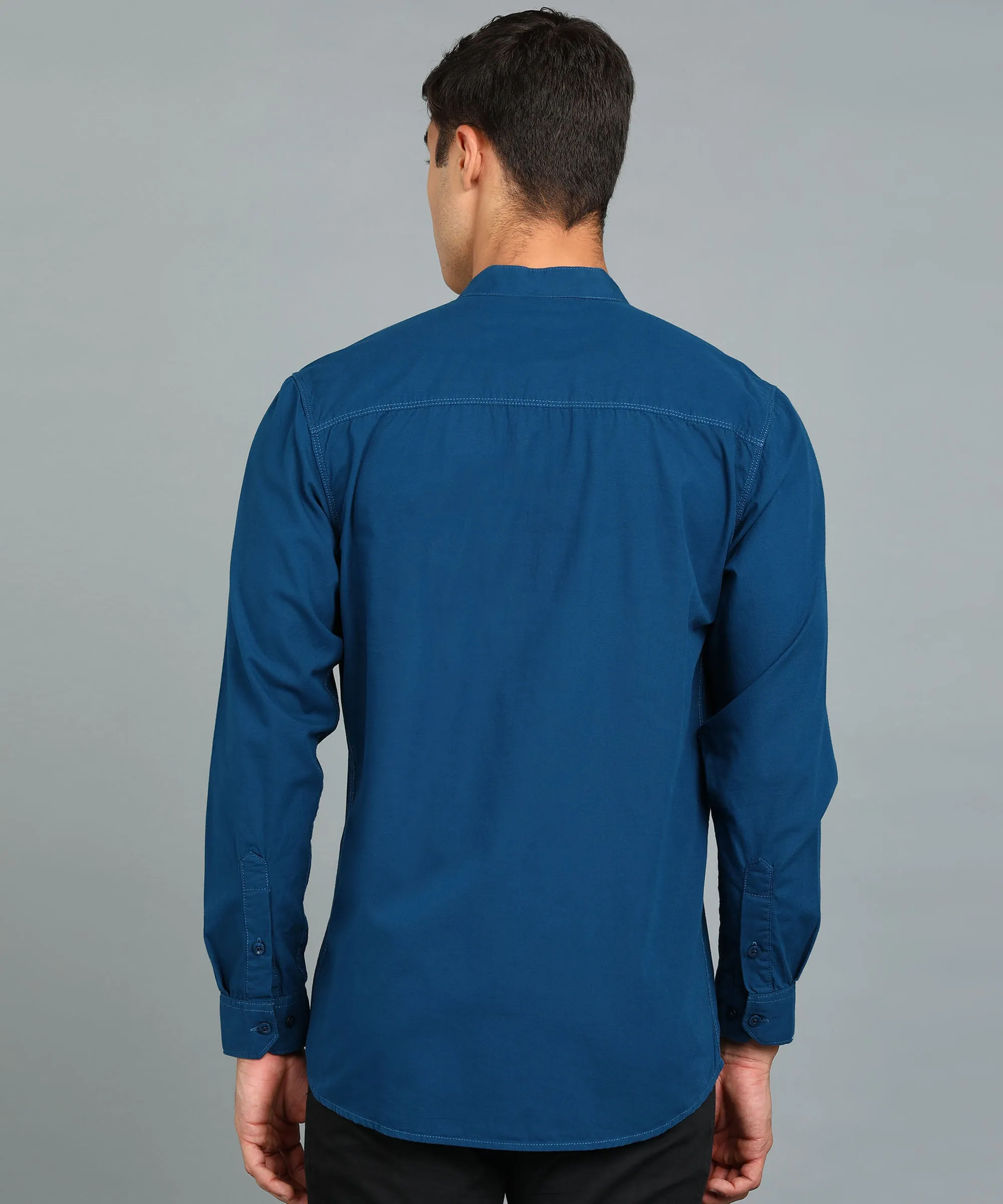 Men's Blue Cotton Full Sleeve Slim Fit Solid Shirt with Mandarin Collar