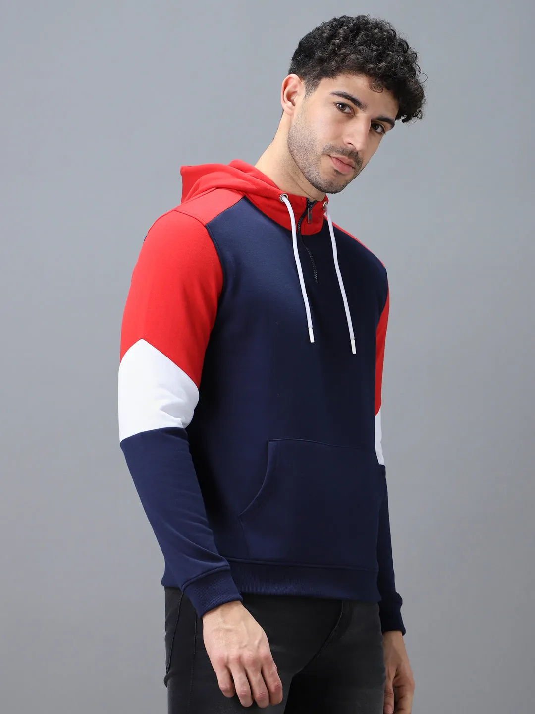 Men's Blue, Red Cotton Color Block Hooded Neck Sweatshirt