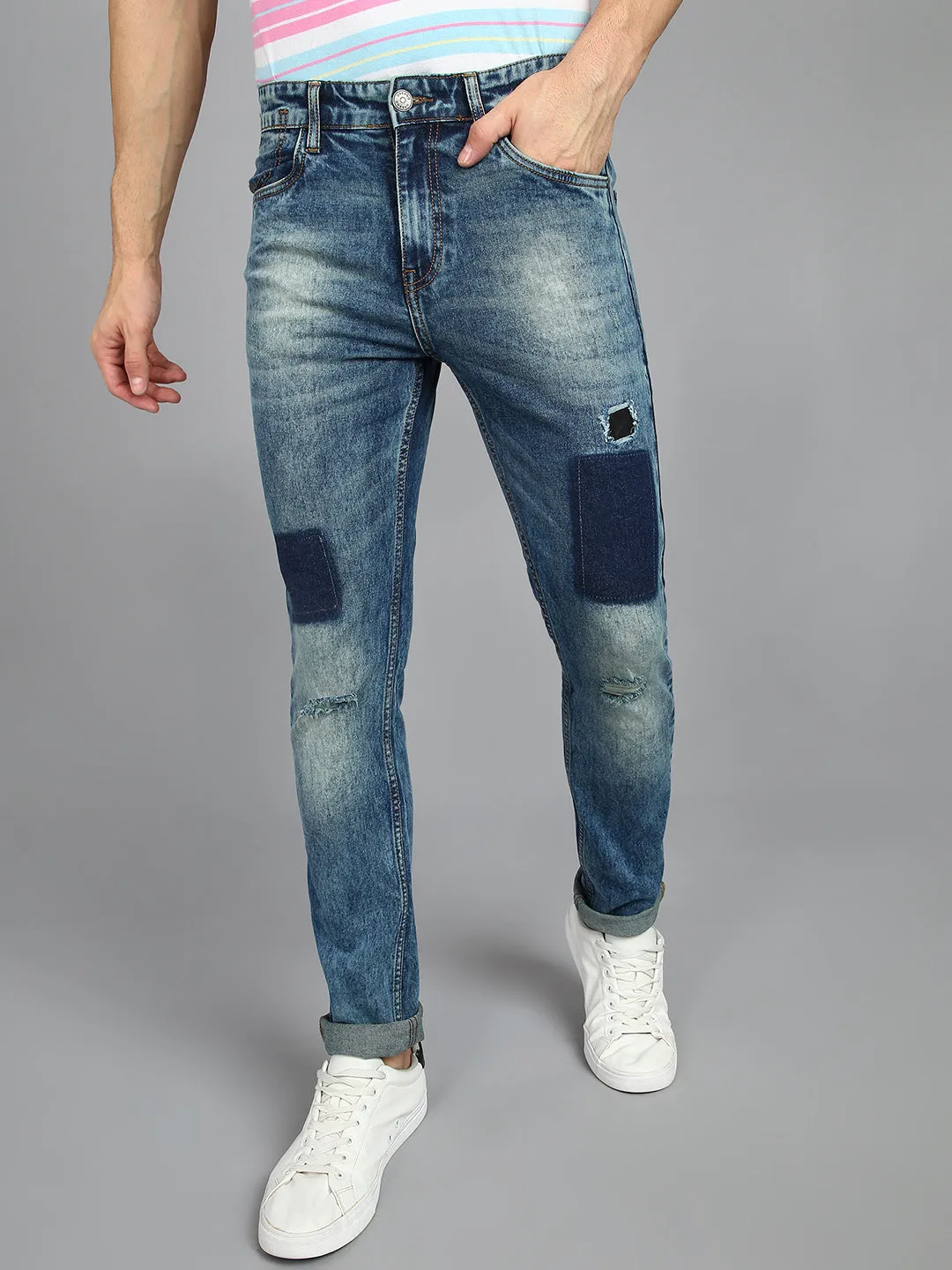 Men's Blue Slim Fit Heavy Washed Mild Distressed Patched Jeans Stretch