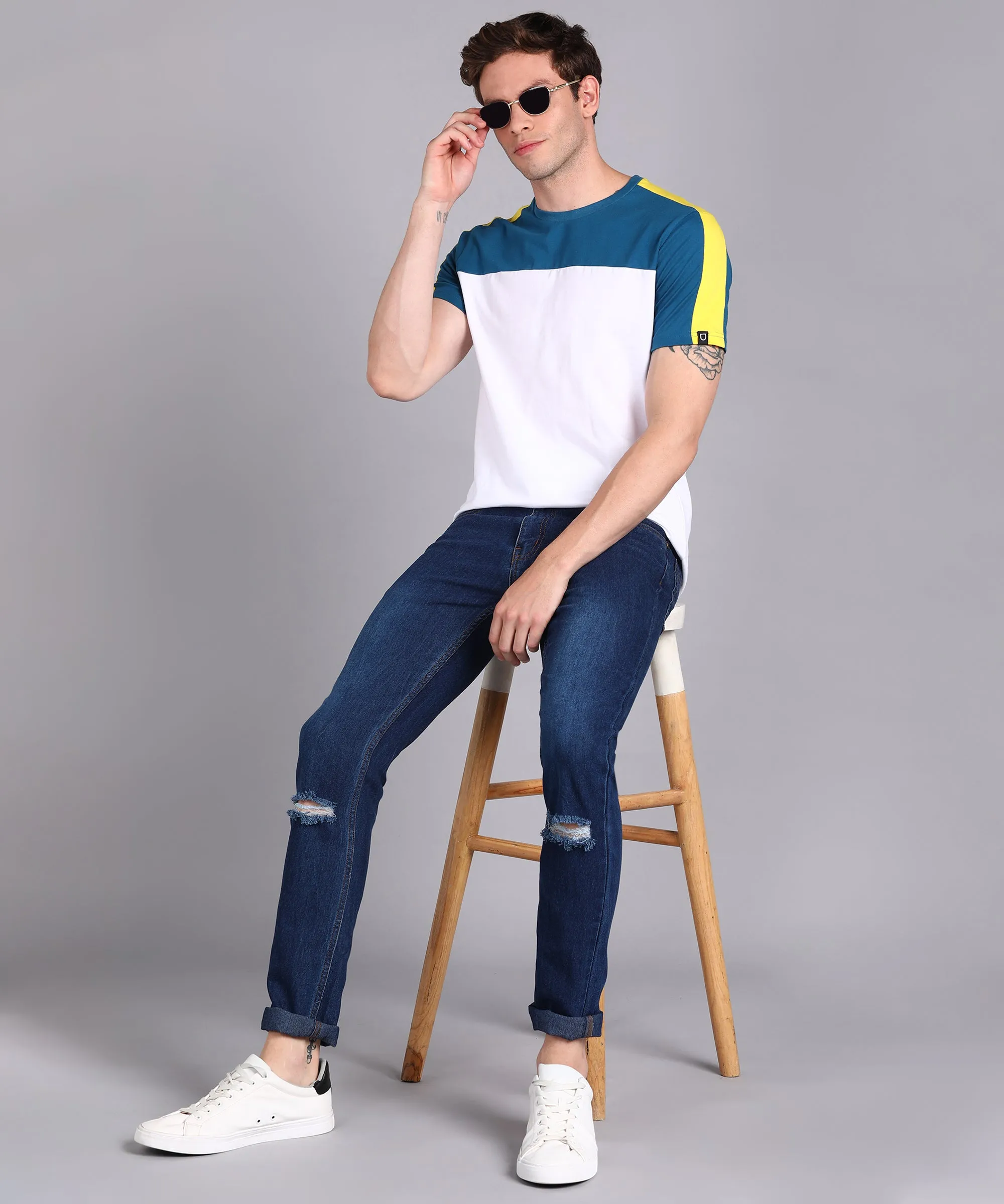 Men's Blue, White, Yellow Cotton Color-Block Slim Fit Half Sleeve T-Shirt