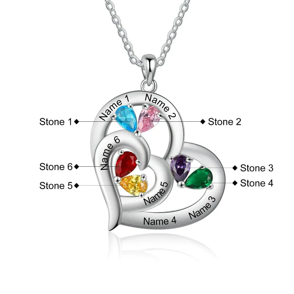 Personalized 6 Names And Birthstones Engraved Heart-Shaped Pendant