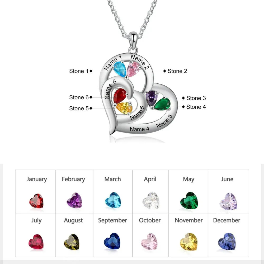 Personalized 6 Names And Birthstones Engraved Heart-Shaped Pendant