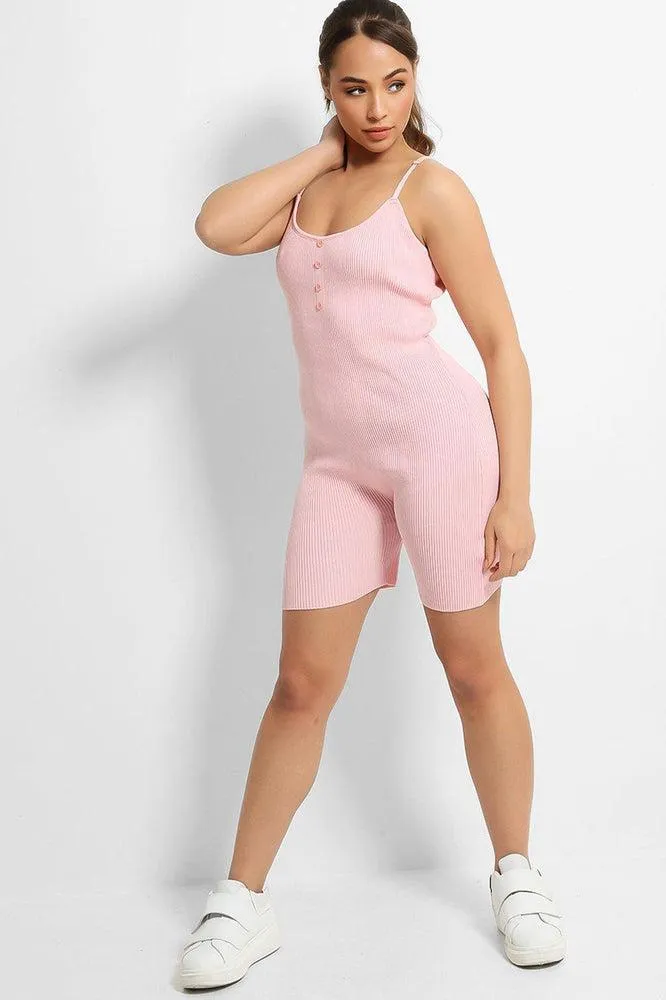 Pink Soft Rib Knit Button Details Cami Romper