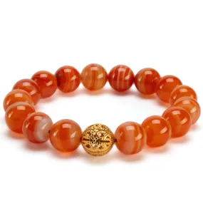 Polished Banded Carnelian 12mm Gemstone Bead Elastic Bracelet with Gold Accent Bead