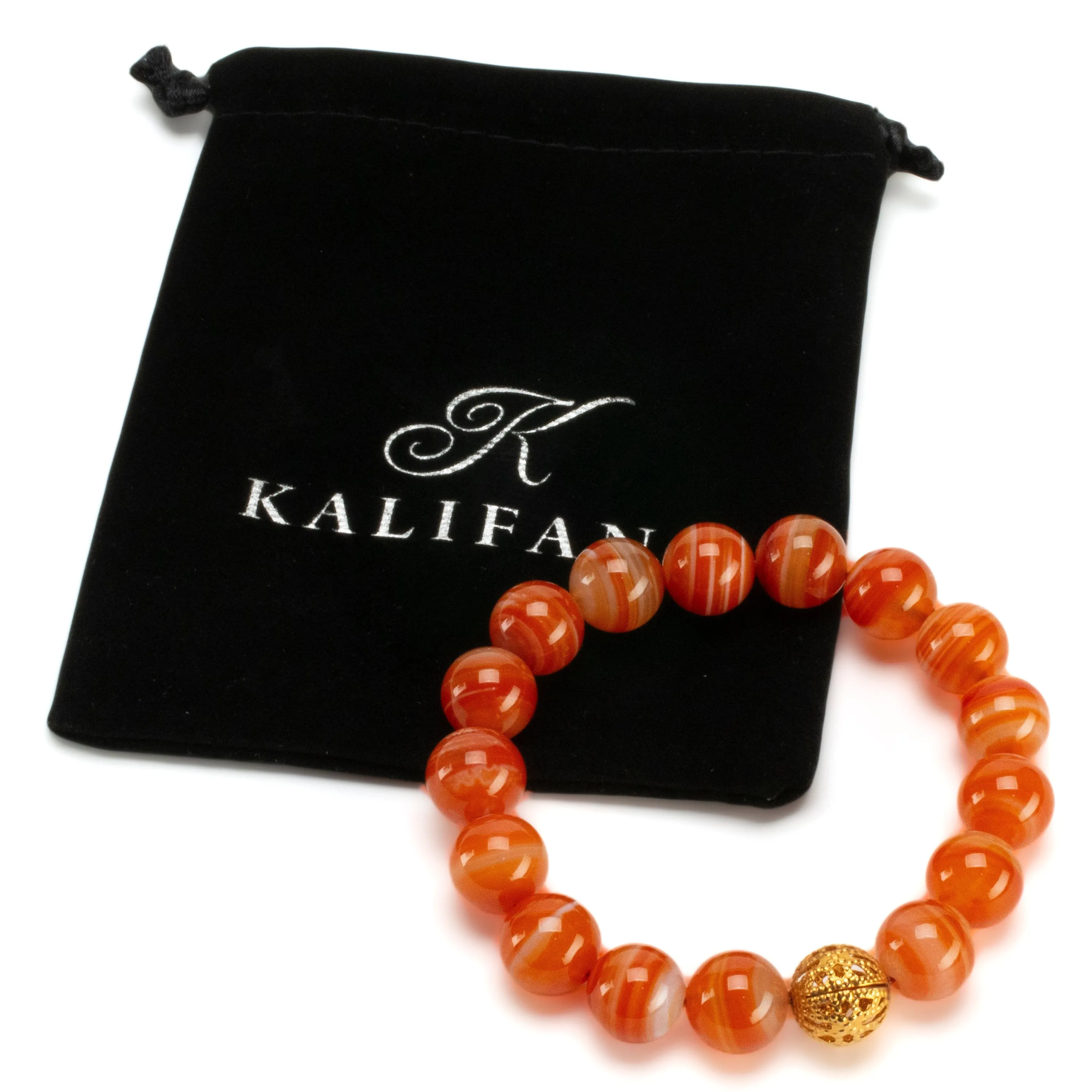 Polished Banded Carnelian 12mm Gemstone Bead Elastic Bracelet with Gold Accent Bead