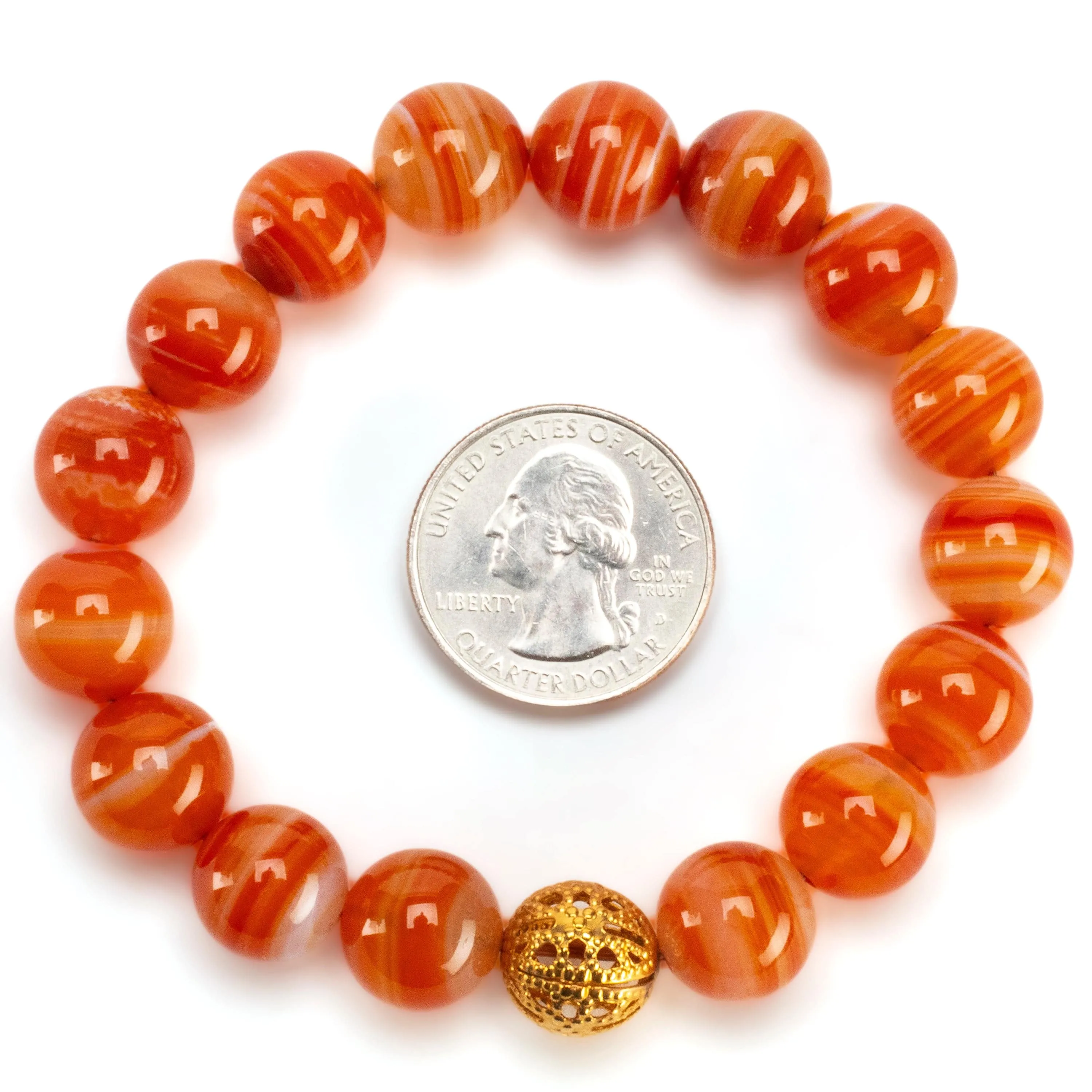 Polished Banded Carnelian 12mm Gemstone Bead Elastic Bracelet with Gold Accent Bead