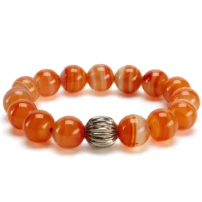 Polished Banded Carnelian 12mm Gemstone Bead Elastic Bracelet with Silver Accent Bead