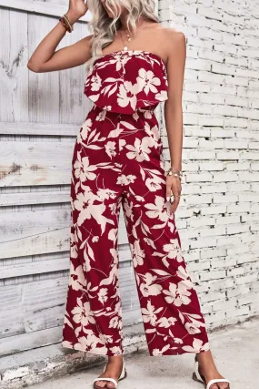 Trägerloser Jumpsuit mit Blumenmuster und weitem Bein